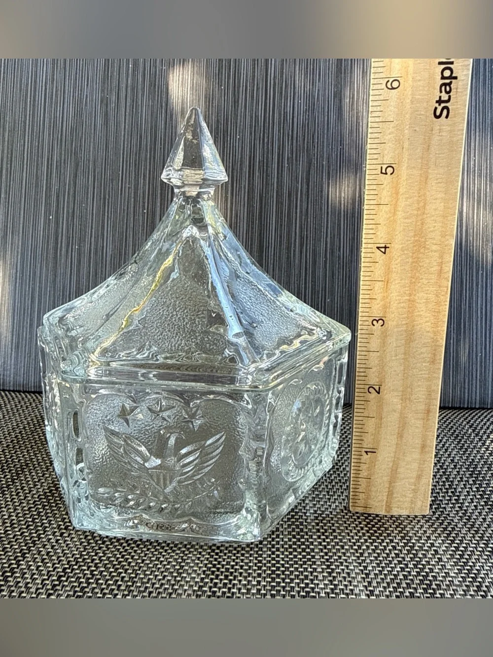 Vntg Glass Candy Dish w/ Lid American Eagle Star Hexagon 6